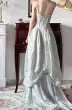 Spaghetti Straps Jacquard Satin A-Line Long Prom Dresses Sweet Backless Evening Gowns HZ1024