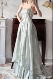 Spaghetti Straps Jacquard Satin A-Line Long Prom Dresses Sweet Backless Evening Gowns HZ1024