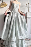 Spaghetti Straps Jacquard Satin A-Line Long Prom Dresses Sweet Backless Evening Gowns HZ1024