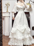 White A-Line Long Sleeve Tulle Lace Applique Train Vintage Wedding Dress HZ1024