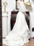 White A-Line Long Sleeve Tulle Lace Applique Train Vintage Wedding Dress HZ1024