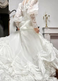 White A-Line Long Sleeve Tulle Lace Applique Train Vintage Wedding Dress HZ1024