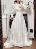A-Line V-neck Long Sleeve Embroidered Applique Tulle Long Sleeve Vintage Wedding Dress HZ1024