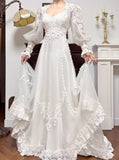A-Line V-neck Long Sleeve Embroidered Applique Tulle Long Sleeve Vintage Wedding Dress HZ1024