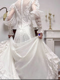 A-Line V-neck Long Sleeve Embroidered Applique Tulle Long Sleeve Vintage Wedding Dress HZ1024