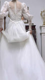 A-Line White Turtleneck Lace Beading Tulle Long Sleeve Vintage Wedding Dress HZ1024