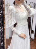 A-Line White Turtleneck Lace Beading Tulle Long Sleeve Vintage Wedding Dress HZ1024