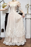 Light Champagne Off-the-shoulder A-Line Princess Prom Dresses Chiffon Lace Vintage Wedding Dress HZ1024