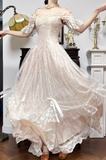 Light Champagne Off-the-shoulder A-Line Princess Prom Dresses Chiffon Lace Vintage Wedding Dress HZ1024