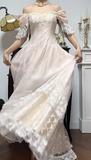 Light Champagne Off-the-shoulder A-Line Princess Prom Dresses Chiffon Lace Vintage Wedding Dress HZ1024