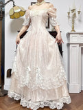Light Champagne Off-the-shoulder A-Line Princess Prom Dresses Chiffon Lace Vintage Wedding Dress HZ1024