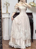 Light Champagne Off-the-shoulder A-Line Princess Prom Dresses Chiffon Lace Vintage Wedding Dress HZ1024