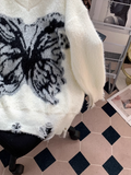 Print Distressed V-Neck Pullover Sweater HZ1024