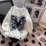 Print Distressed V-Neck Pullover Sweater HZ1024