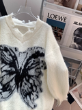 Print Distressed V-Neck Pullover Sweater HZ1024