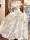 Royal Pearl White Off-the-shoulder Satin Lace Beaded A-Line Vintage Wedding Dress HZ1024