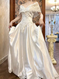 Royal Pearl White Off-the-shoulder Satin Lace Beaded A-Line Vintage Wedding Dress HZ1024
