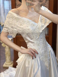 Royal Pearl White Off-the-shoulder Satin Lace Beaded A-Line Vintage Wedding Dress HZ1024