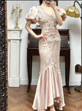 Satin Lace Mermaid V-neck Prom Dresses, Beautiful Vintage Evening Gowns HZ1024