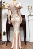 Satin Lace Mermaid V-neck Prom Dresses, Beautiful Vintage Evening Gowns HZ1024