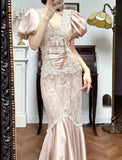 Satin Lace Mermaid V-neck Prom Dresses, Beautiful Vintage Evening Gowns HZ1024