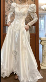 White Scoop Neck Satin Long Sleeve Beaded Lace Applique Open Back Train Vintage Wedding Dress HZ1024