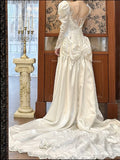 White Scoop Neck Satin Long Sleeve Beaded Lace Applique Open Back Train Vintage Wedding Dress HZ1024