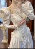 White Scoop Neck Satin Long Sleeve Beaded Lace Applique Open Back Train Vintage Wedding Dress HZ1024