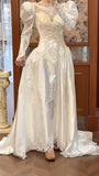White Scoop Neck Satin Long Sleeve Beaded Lace Applique Open Back Train Vintage Wedding Dress HZ1024