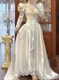 White Scoop Neck Satin Long Sleeve Beaded Lace Applique Open Back Train Vintage Wedding Dress HZ1024