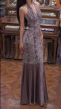 Purple V-neck Mermaid Jacquard Satin Fashion Dresses Elegant Backless Prom Dresses HZ1024