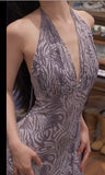Purple V-neck Mermaid Jacquard Satin Fashion Dresses Elegant Backless Prom Dresses HZ1024