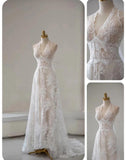 White Lace Applique Beaded A-line Vintage Wedding Dress HZ1024