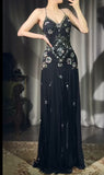 Black V-neck Sheath Long Prom Dresses Chiffon Beading Open Back Evening Gowns with Slit HZ1024