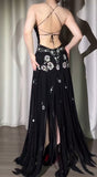 Black V-neck Sheath Long Prom Dresses Chiffon Beading Open Back Evening Gowns with Slit HZ1024