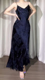 Navy Blue Jacquard Satin Spaghetti Strap Sheath Prom Dresses Shiny Beaded Evening Gowns HZ1024