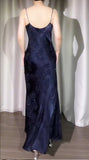 Navy Blue Jacquard Satin Spaghetti Strap Sheath Prom Dresses Shiny Beaded Evening Gowns HZ1024