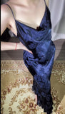 Navy Blue Jacquard Satin Spaghetti Strap Sheath Prom Dresses Shiny Beaded Evening Gowns HZ1024