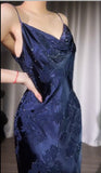 Navy Blue Jacquard Satin Spaghetti Strap Sheath Prom Dresses Shiny Beaded Evening Gowns HZ1024