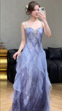 Spaghetti Straps Sequins Tulle A-Line Long Prom Dresses Sweet 16 Evening Gowns HZ1024