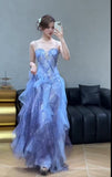 Spaghetti Straps Sequins Tulle A-Line Long Prom Dresses Sweet 16 Evening Gowns HZ1024