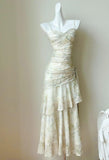 Print Chiffon Spaghetti Straps Layered Ruffles Prom Dresses HZ1024