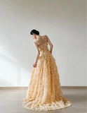 Yellow A-Line Spaghetti Straps Tulle Applique Beading Wedding Dress Fairytale Long Prom Dresses HZ1024