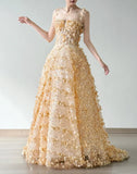 Yellow A-Line Spaghetti Straps Tulle Applique Beading Wedding Dress Fairytale Long Prom Dresses HZ1024