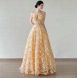 Yellow A-Line Spaghetti Straps Tulle Applique Beading Wedding Dress Fairytale Long Prom Dresses HZ1024