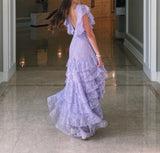 Lilac V-neck Lace Long Prom Dresses A-line Backless Evening Gowns HZ1024