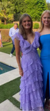 Lilac V-neck Lace Long Prom Dresses A-line Backless Evening Gowns HZ1024