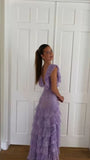 Lilac V-neck Lace Long Prom Dresses A-line Backless Evening Gowns HZ1024