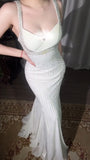Apricot Spaghetti Straps Mermaid Party Dress Beaded Chiffon Prom Dresses Elegant Evening Gowns HZ1024