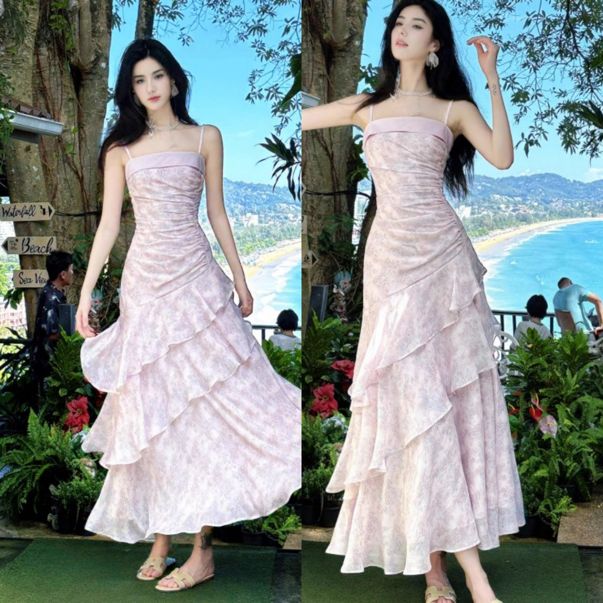 Pink Spaghetti Straps Long Prom Dress Formal Dresses Chiffon Ruffles Layered Stunning 18th Birthday Party Dresses HZ1024